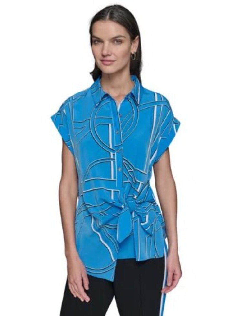 KARL LAGERFELD PARIS Womens Asymmetrical Blue Geometric Shirt Sz S NWT